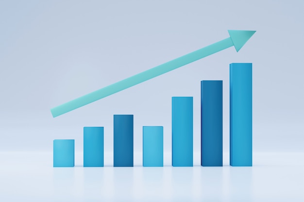 上昇傾向の矢印、統計予測、財務利益でビジネスの成長概念を改善する3D孤立棒グラフ