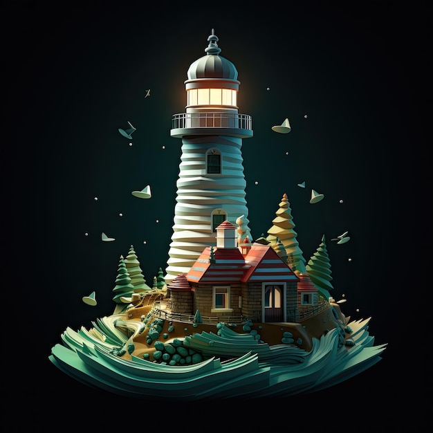 3d isolated old light house on a rock