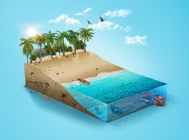 3Dアイソメトリックビーチ、水とヤシのある熱帯の島の平和。旅行や休暇の背景。