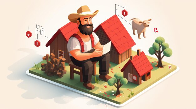 Photo 3d isometric design of farmer sitting on a chair with barn house background