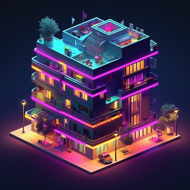 3d Isometric futuristic building with neon colorful lights Technological cyber building on black