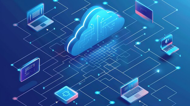 3d isometric illustration of cloud computing with a cloud icon connected to multiple devices