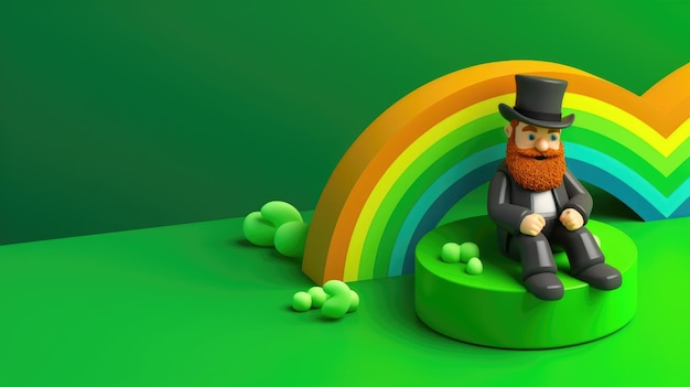 Photo 3d isometric leprechaun with rainbow st patricks day banner on green