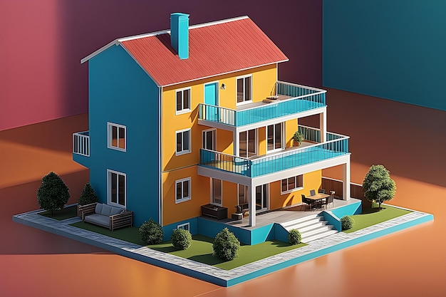 Photo 3d isometric modern house on color background