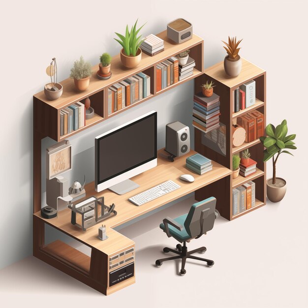 Photo 3d isometric modern office room by generative ai