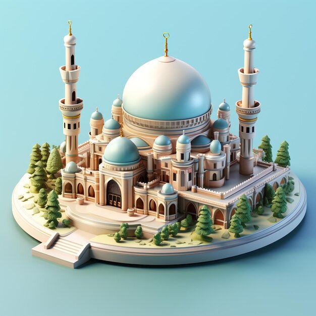 3d isometric mosque light blue background