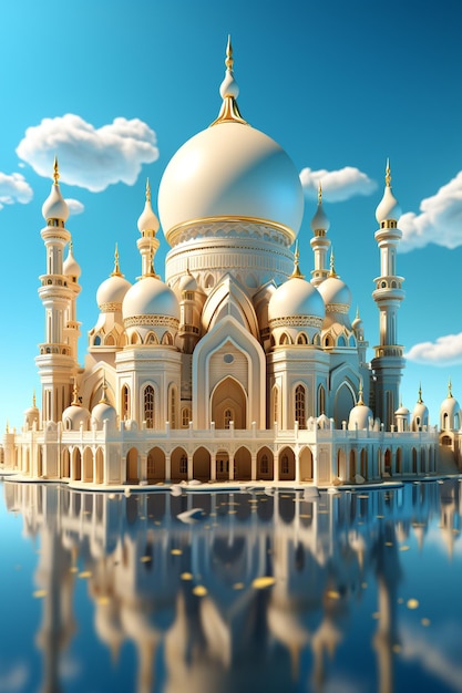 3d isometric mosque light blue background