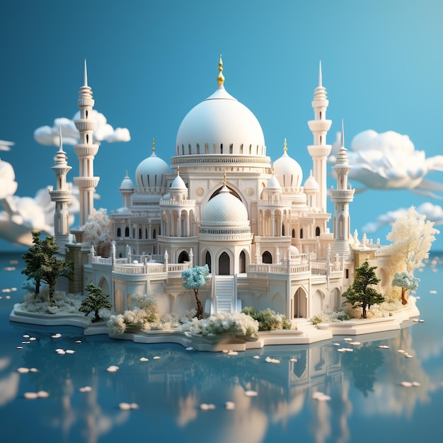 3d isometric mosque light blue background