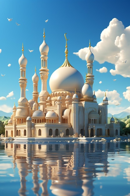 3d isometric mosque light blue background