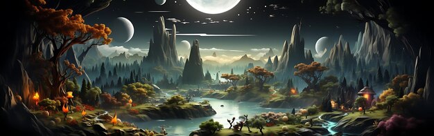 3D Isometric Night Forest River Landscape Scene Otherworldly Alien Fantasy and Mythical Planet