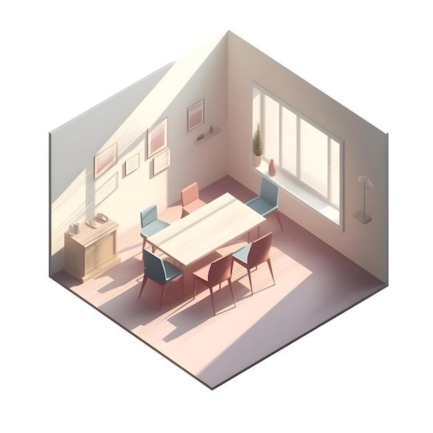 3d isometric office interior Workplace with chairs and table