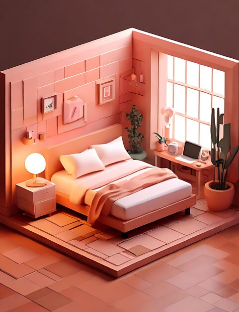 3d isometric pastel pink bedroom