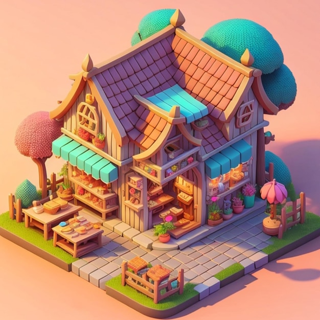 3D Isometric shop building Japanese style created with generative AI