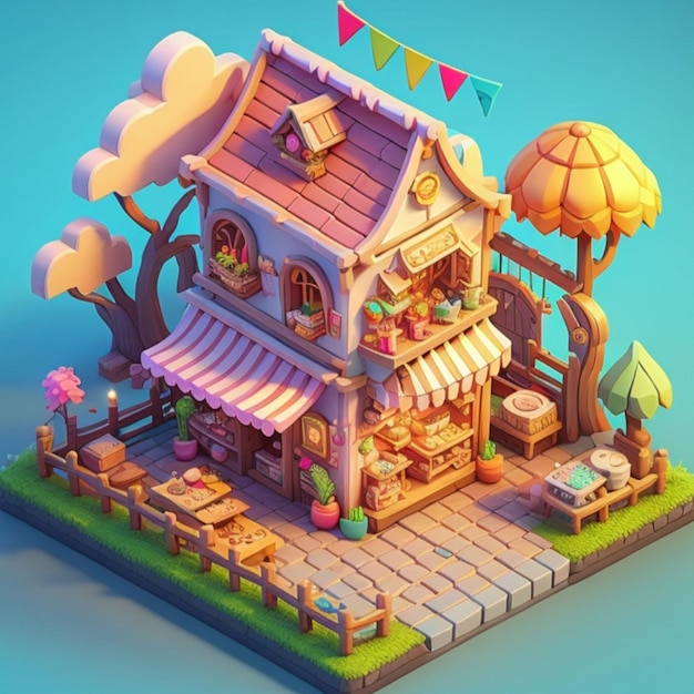 3D Isometric shop building Japanese style created with generative AI