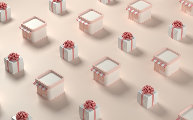 Photo 3d 아이소메트릭 저장소 및 선물 패턴 크리스마스 배경입니다. 3d 그림