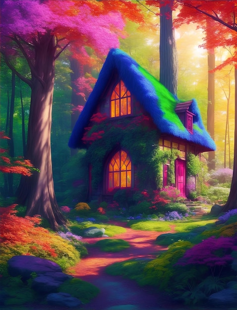 3D isometrische illustratie kabouterhuis in een magisch bos, sprookjesachtige kleurrijke koninkrijken voor stripboek