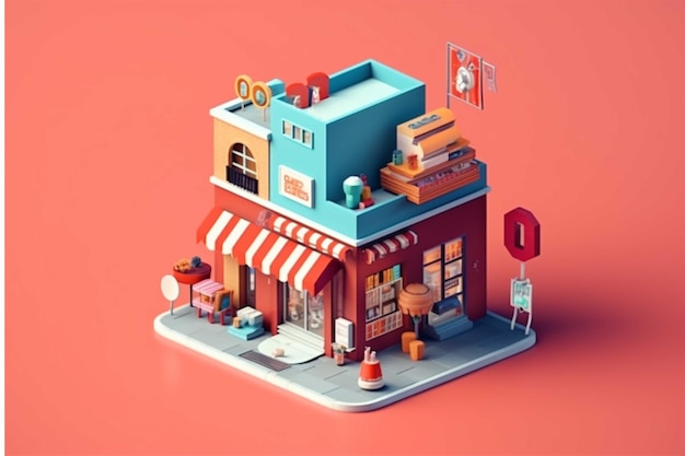 3d isometrische illustratie van een kleine winkel op een mobiele telefoon