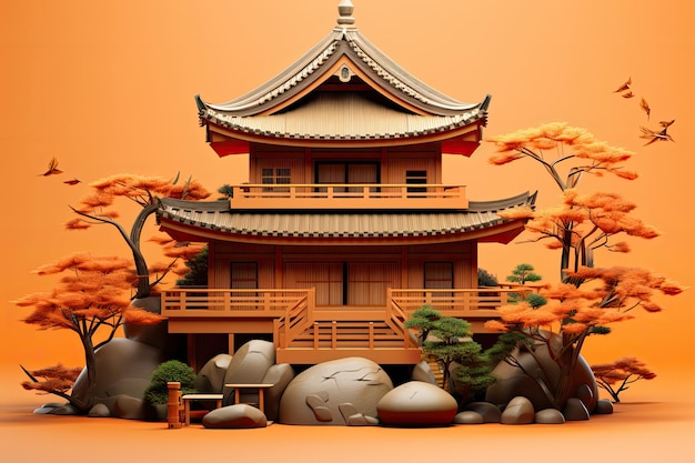 3d isometrische traditionele Japanse huis huis gemaakt van bamboe met sakura 3d illustratie