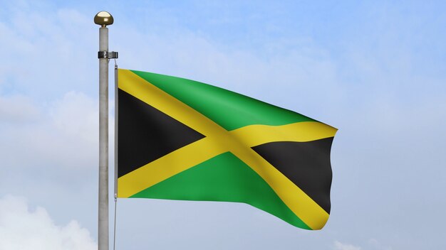 3D, Jamaican flag waving on wind with blue sky and clouds. Jamaica banner blowing, soft and smooth silk. Cloth fabric texture ensign background. Use it for national day and country occasions concept.