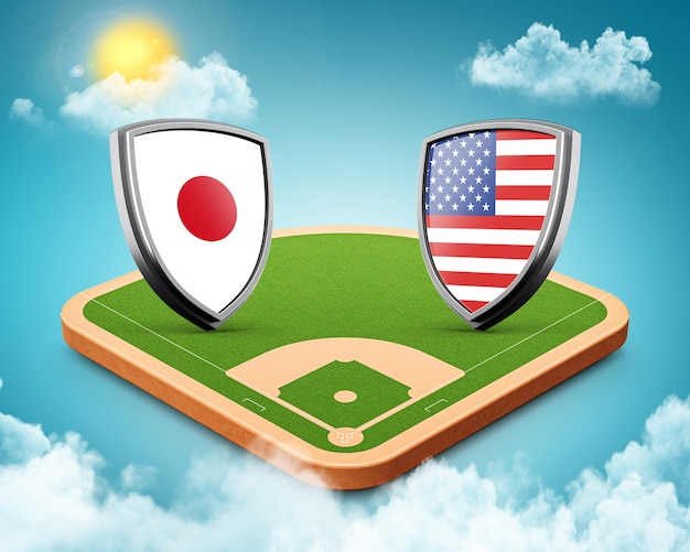 3d Japan Versus Verenigde Staten Schild Icon Op Baseball Stadion Met Groen Grass Field 3d illustratie