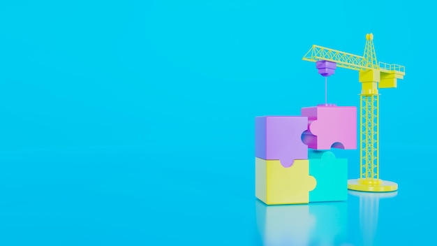 Фото Кусочки головоломки 3d, поднятые краном на синем фоне. решение проблем, бизнес-концепция. 3d визуализация иллюстрации