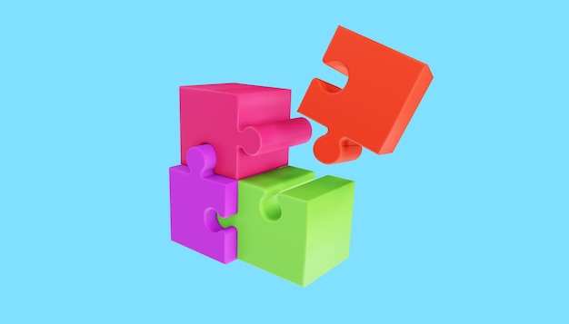 3Dジグソーパズルのピース。問題解決、ビジネスコンセプト。 3Dイラスト