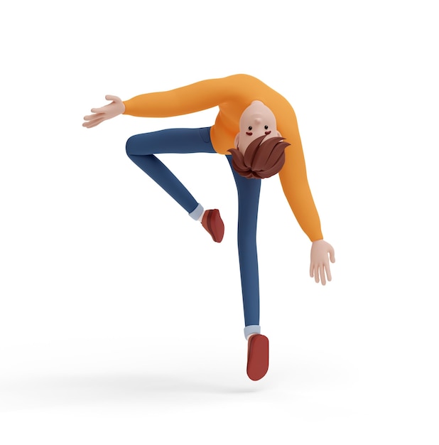 3D jonge positieve man dansen met zijn wijsvingers omhoog Portret van een grappige cartoon man in casual kleding trui en spijkerbroek Minimalistische gestileerde karakter 3D illustratie op witte achtergrond