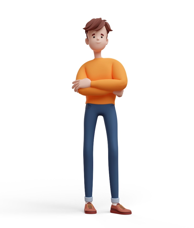 Foto 3d jonge positieve man staande in een trotse pose met gekruiste armen portret van een grappige cartoon man in casual kleding minimalistische gestileerde karakter 3d illustratie op witte achtergrond