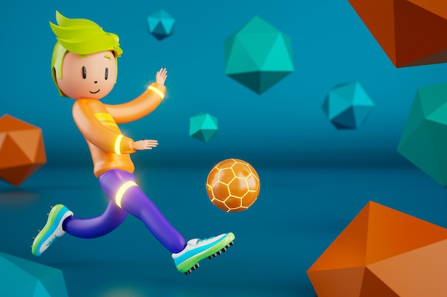 3D jongen karakter voetballer in voetbal actie 3d illustratie sport achtergrond concept mannen kick beweging sport actie persoon grafisch behang cartoon spel voetbal creatieve poster lay-out