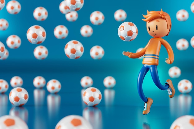 3D jongen karakter voetballer in voetbal actie 3d illustratie sport achtergrond concept mannen kick beweging sport actie persoon grafisch behang cartoon spel voetbal creatieve poster lay-out