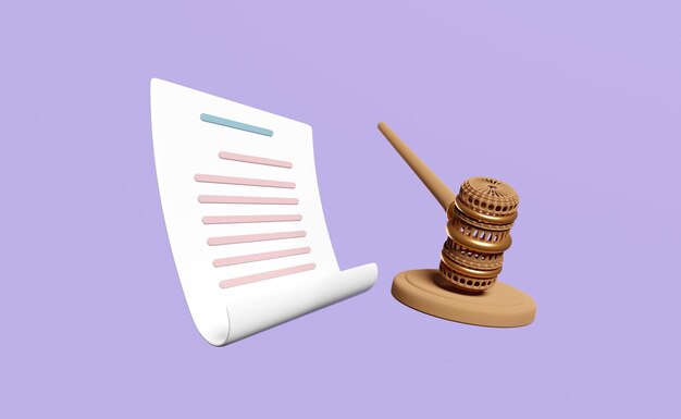 3d судья арбитраж молоток молоток аукцион с стойкой бумажный аукцион контракт изолирован на синем фоне закон система правосудия символ концепция 3d render иллюстрация