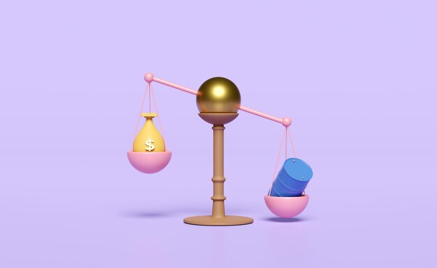 Photo 3d justice scales with oil barrel icon money bag isolated on purple background high inflation expensive saving money raise the price concept 3d render illustration