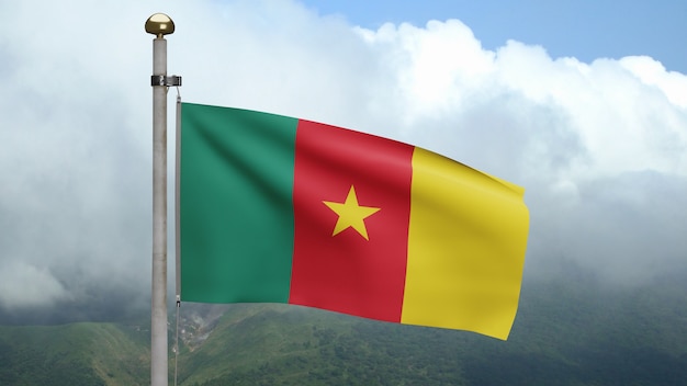3D, Kameroense vlag zwaaien op wind met blauwe lucht en wolken. Kameroen banner waait, zachte en gladde zijde. Doek stof textuur vlag achtergrond. Gebruik voor nationale feestdag en land gelegenheden concept.