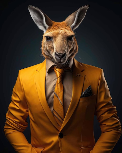 3D kangaroo in business suit with a human body looking serious with a dramatic studio background