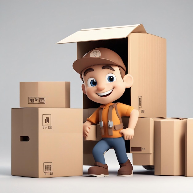 3D karakter bezorger in de buurt van kartonnen doos en glimlachend op een gele achtergrond