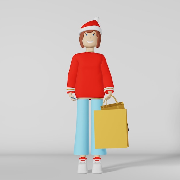3D karakter meisje Kerst boodschappentas witte achtergrond rendering Jonge vrouw in Santa hoed smartphone in het winkelcentrum