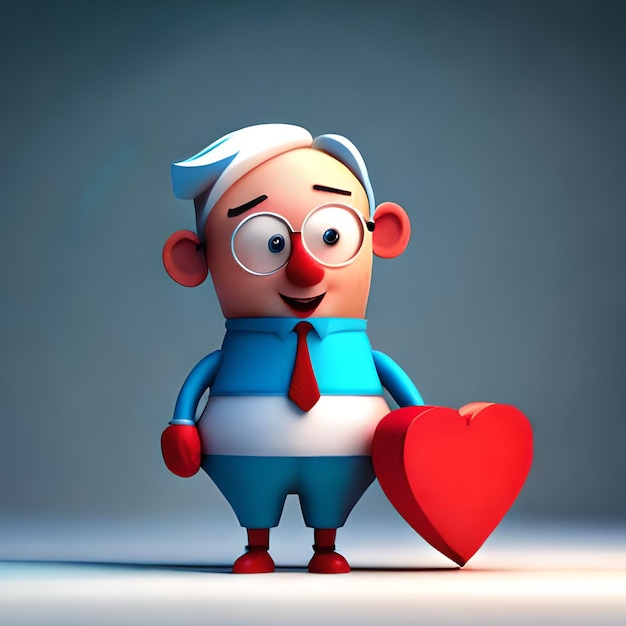 3D karakter met hart 3D cartoon met een hart in de hand