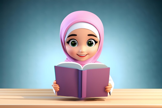 3D karakter moslim hijab meisje schattig glimlach gelezen boek
