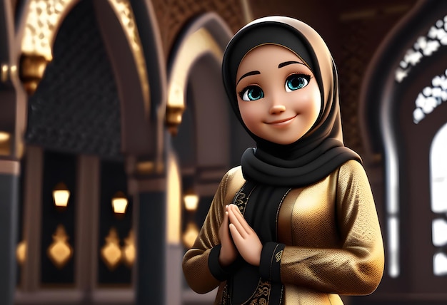 3d karakter moslim hijab meisje schattige glimlach bij moskee