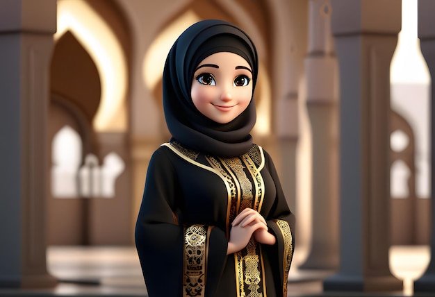 3d karakter moslim hijab meisje schattige glimlach bij moskee