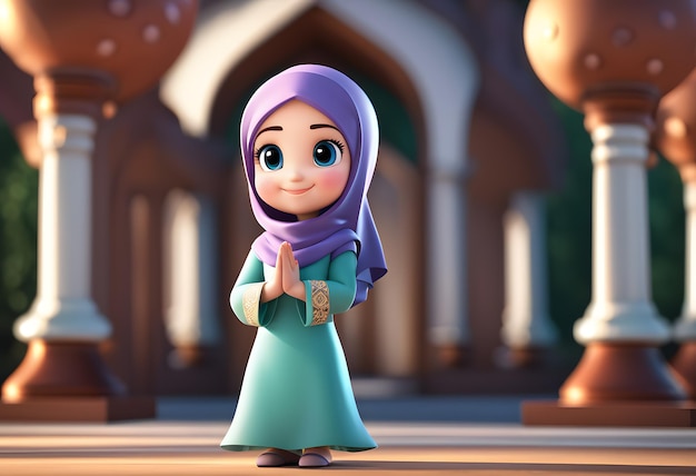 3d karakter moslim hijab meisje schattige glimlach bij moskee