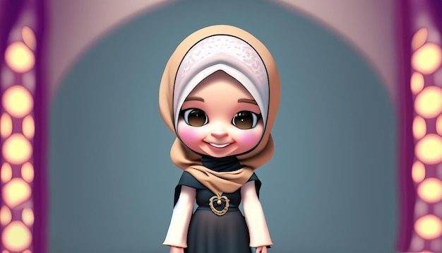 3D karakter moslim meisje schattig met islamitisch ornament