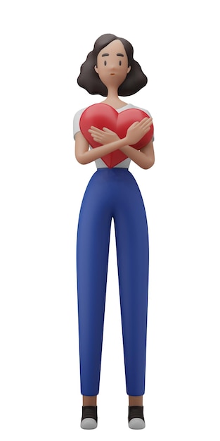 3D karakter vrouw pose knuffel rood hart Geïsoleerde witte achtergrond afbeelding 3D illustratie weergave