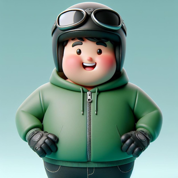 3D-karikatuur van een man met een groene hoodie en helm