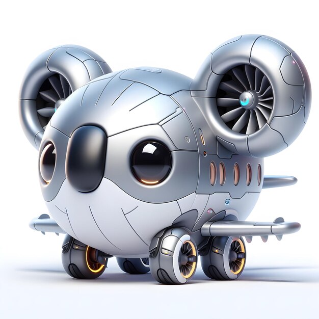 Foto 3d karikatuur van een mini-airbusvliegtuig dat lijkt op een schattige koala