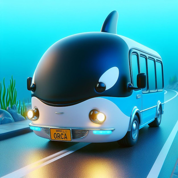 Foto 3d karikatuur van een schattige orka minibus