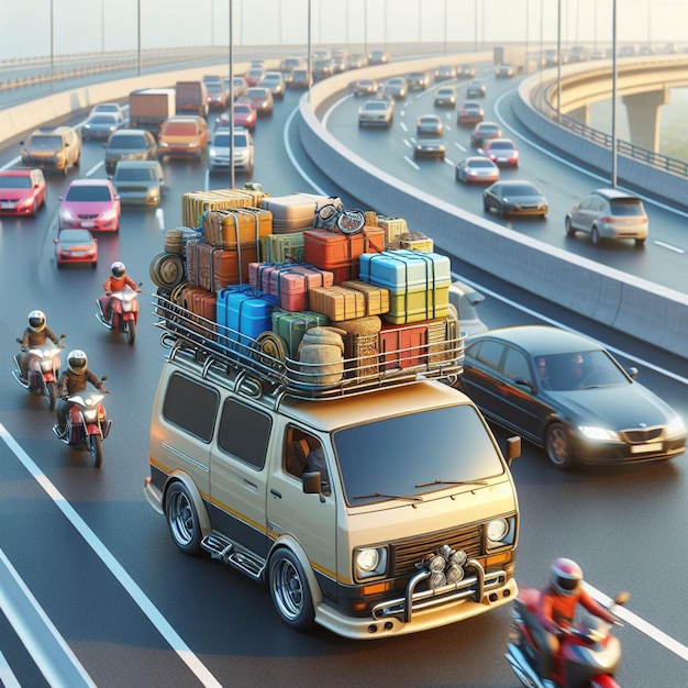 3D-karikatuur van een wagen van het type minibus die goederen vervoert