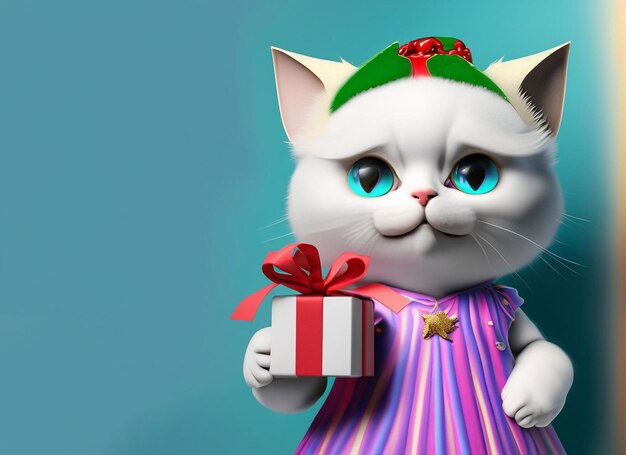 3D-kat met een kerstjurk en een kerstcadeau in de hand