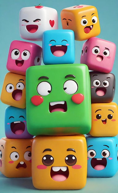 3D kawaii stack of colorful dice with cute faces different expressions of emotions joy anger crying