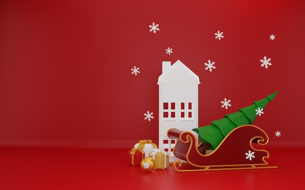 3D-kerst of winter met kerstslee en huiskopieruimte